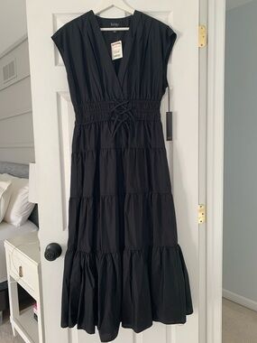 Nicole Miller Black Tiered Lace-Up Waist Maxi Dress NWT